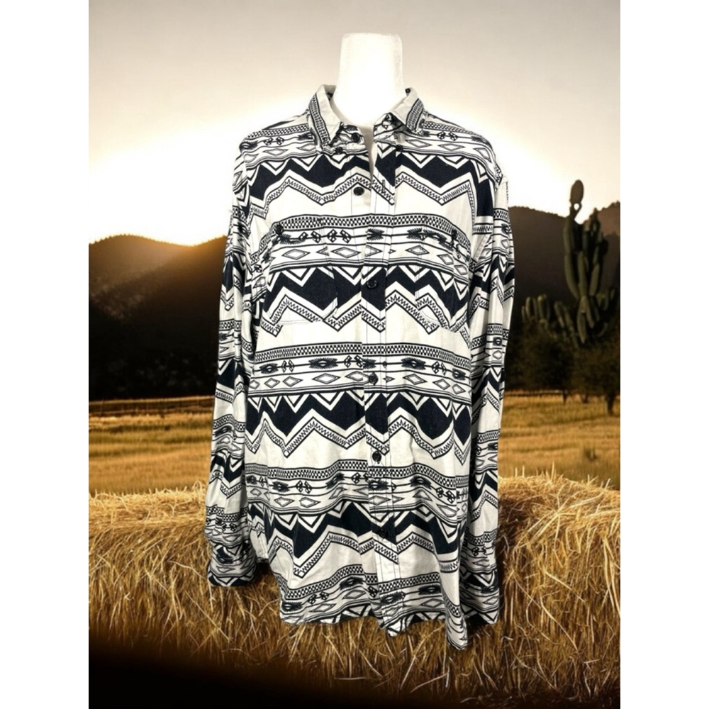 Men’s L Cotton Aztec black & white print vintage button down shirt Stapleford